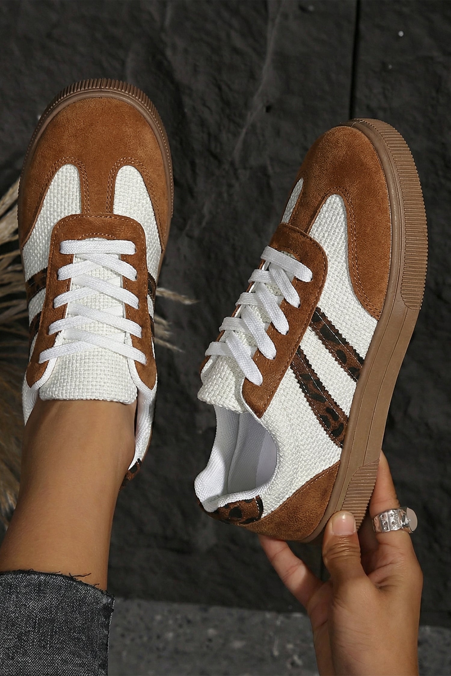 White Textured Woven PU Leather Leopard Patchwork Flat Sneakers