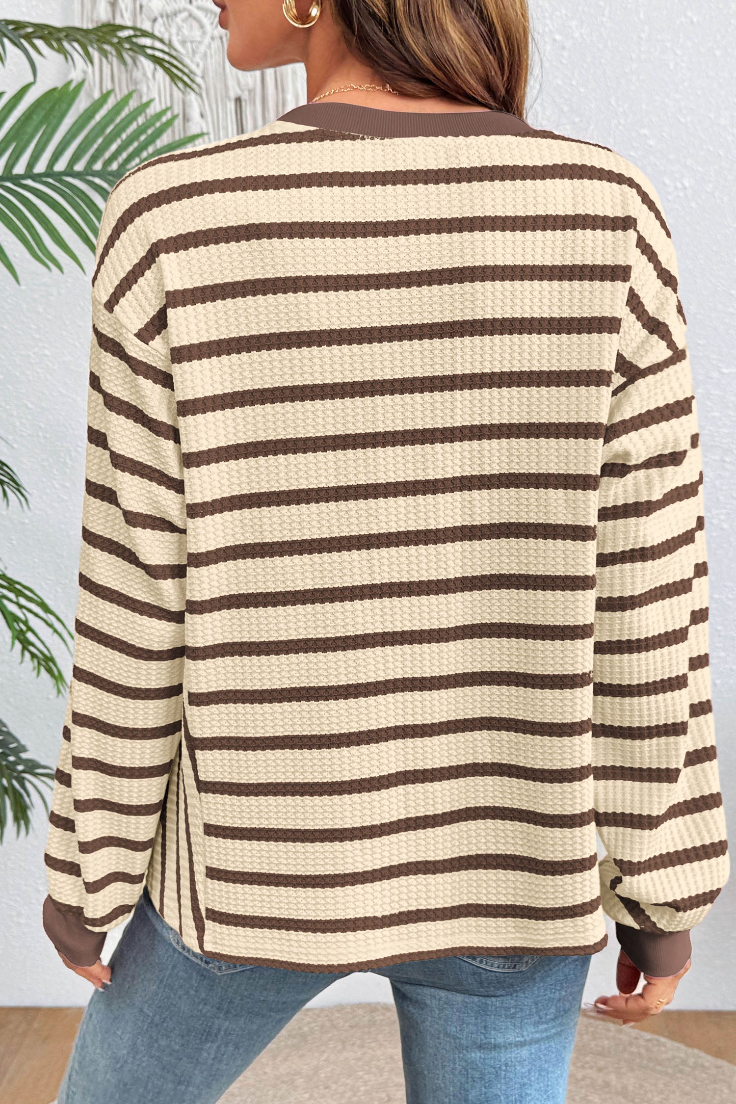 Brown Stripe Patchwork Ribbed Cuff Casual Pullover Sweatshirt