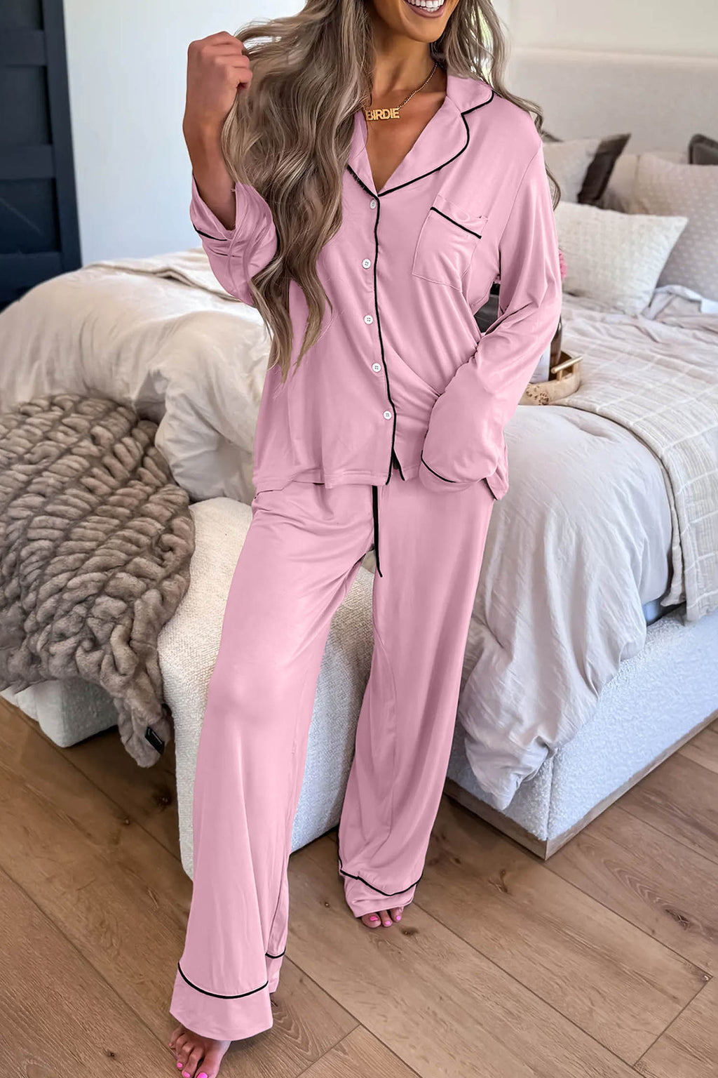 Delicacy Long Sleeve Colorblock Patchwork Two Piece Home Wear Lounge Set