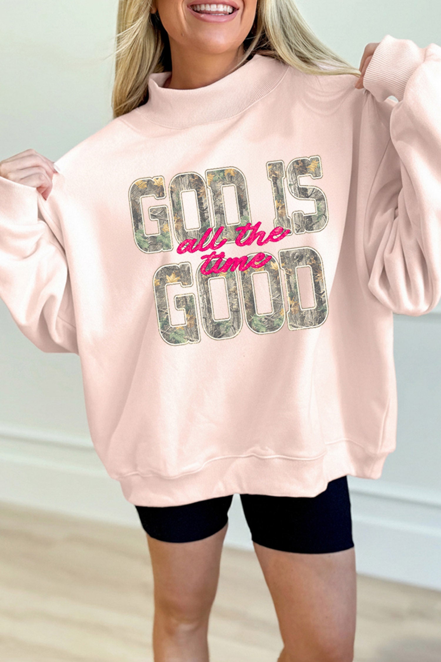 Apricot Pink Camo Print Letter Graphic Mock Neck Sweatshirt