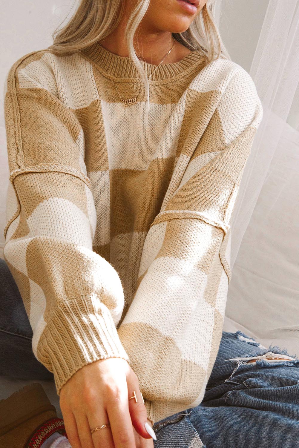 Black Checkered Bishop Sleeve Sweater