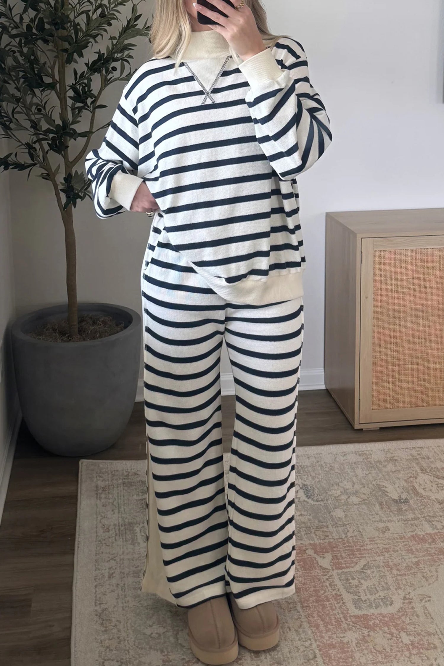 Blue Stripe Striped Ribbed Cuff Collar Pocket Loose Pant Set