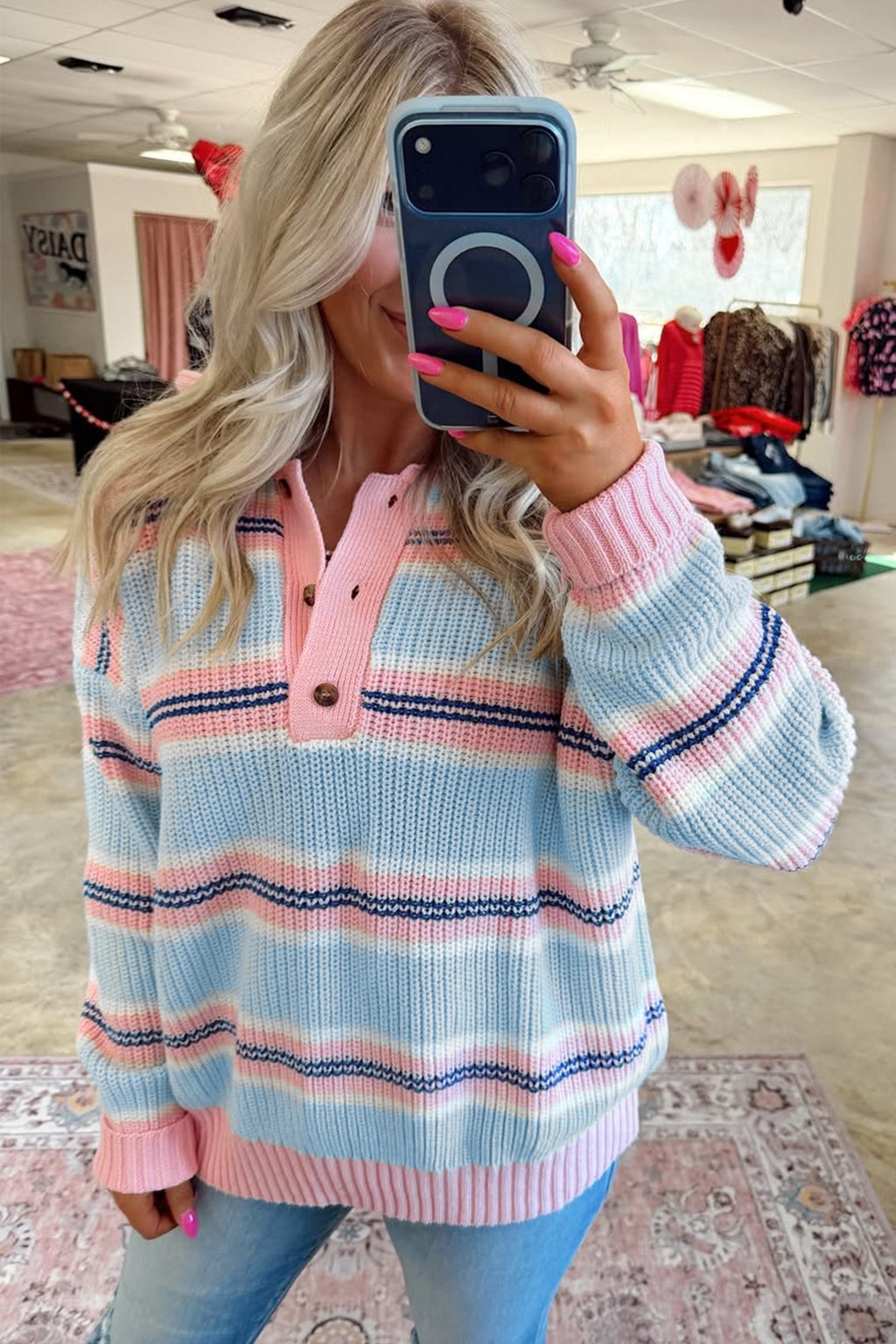 Sky Blue Stripe Striped Button Collar Long Sleeve Shift Fit Winter Knitwear Sweater