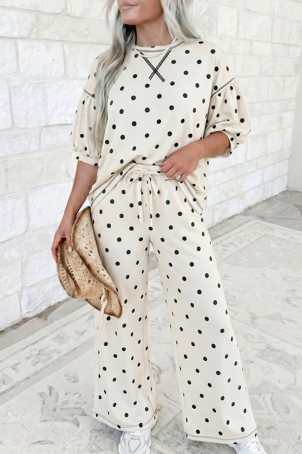 Beige Polka Dot Half Sleeve Loose Top Elastic Waist Casual Pants Set
