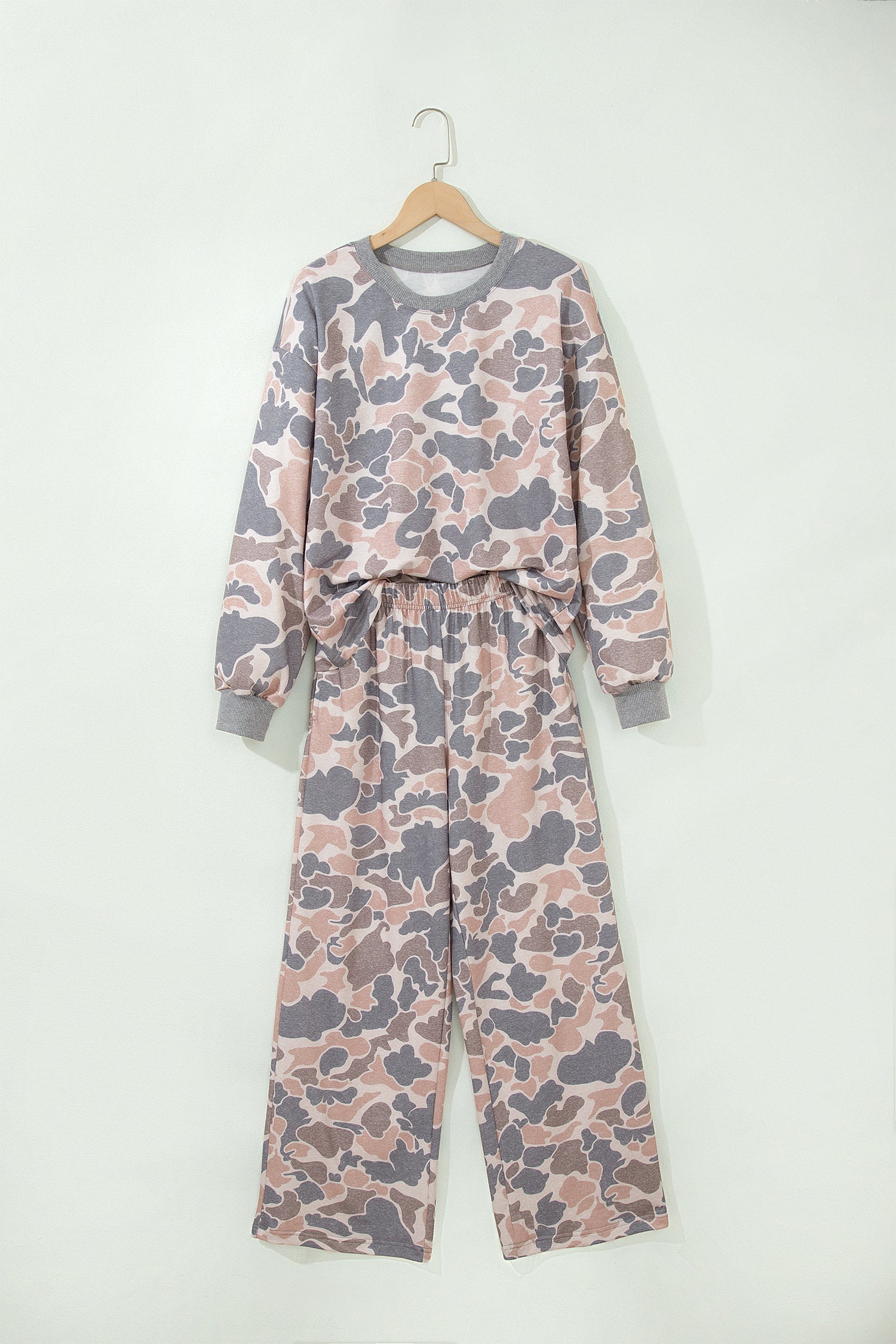 Multicolour Camouflage Print Long Sleeve Top Loose 2pcs Pants Set