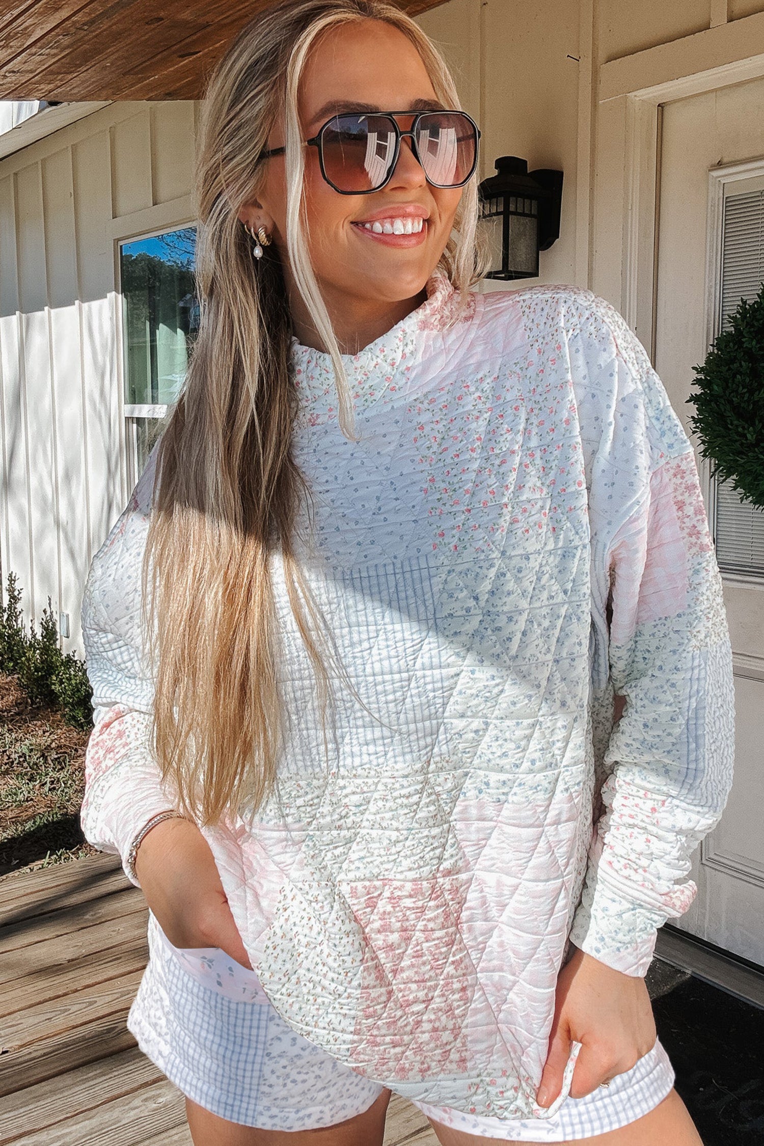 Multicolour Floral Quilted Mock Neck Top and Short Set