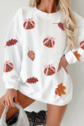 White Sequin Pumpkin Leaf Corded Ribbed Oversized Sweatshirt