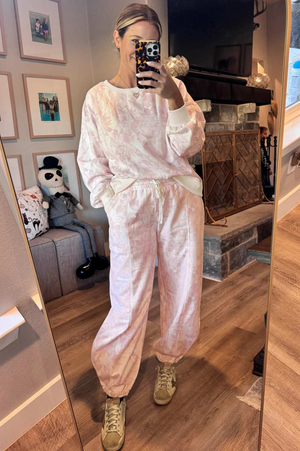 Pink Abstract Print Drop Shoulder Drawstring Waist Drawstring Hem Pant Set