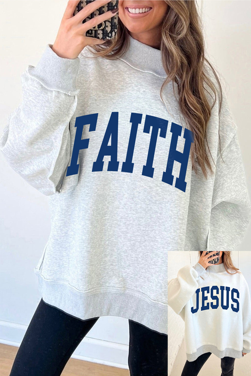 Light Grey FAITH/ JESUS Double Side Letter Print Casual High Neck Sweatshirt