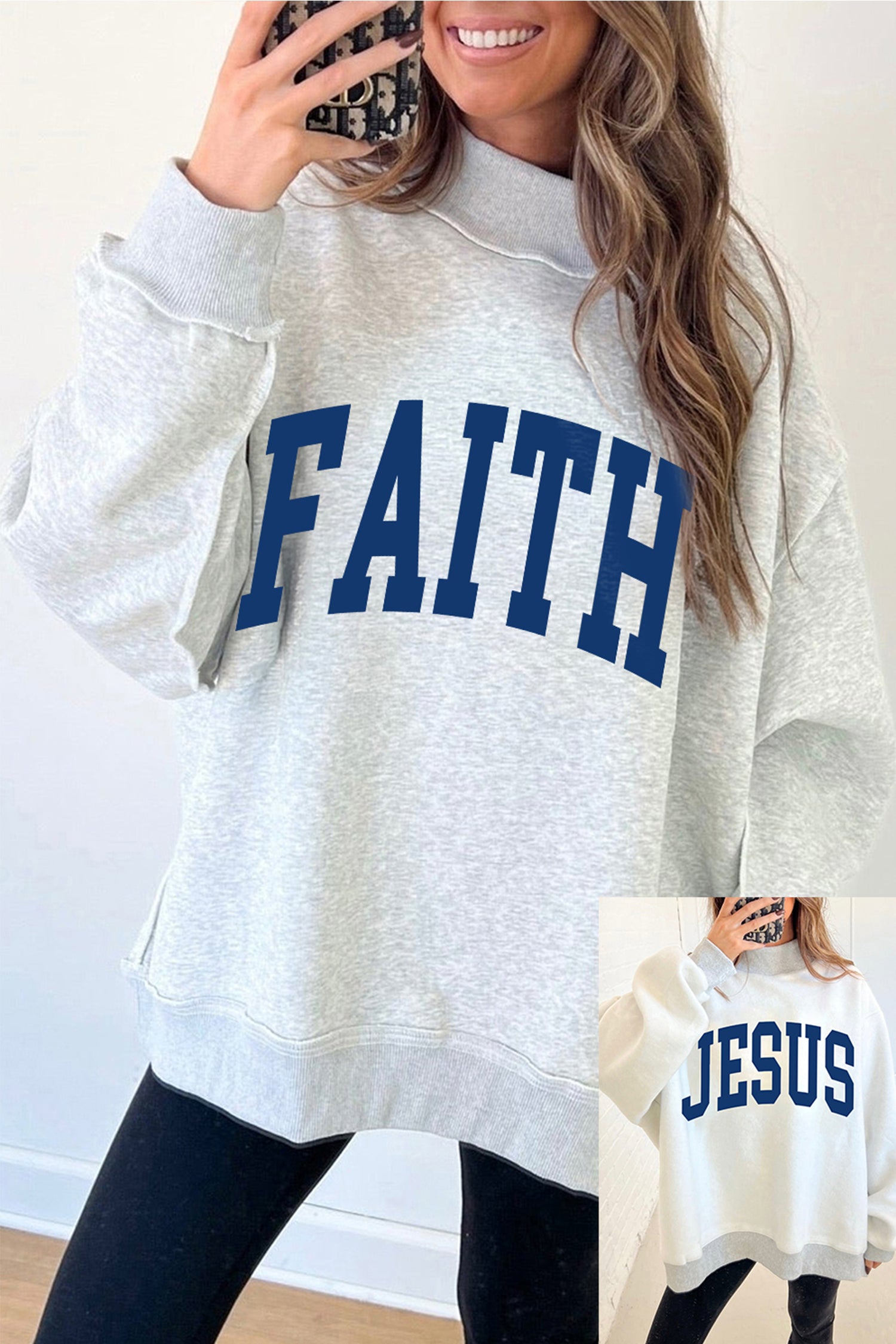 Light Grey FAITH/ JESUS Double Side Letter Print Casual High Neck Sweatshirt