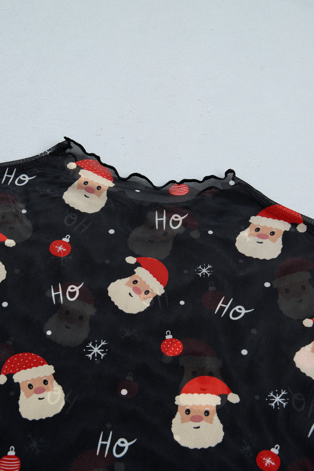 Black Santa Print Sheer Stand Neck Long Sleeve Top