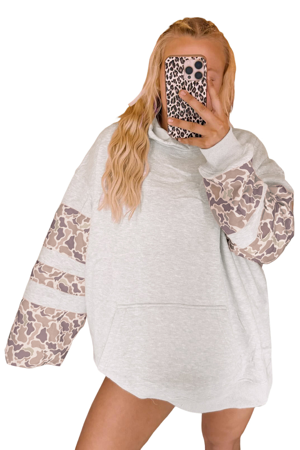 Light Grey Patchwork Camo Long Sleeve Hoodie