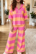 Orange Stripe Colorblock Half Sleeve Top Casual Loose Pants 2pcs Set