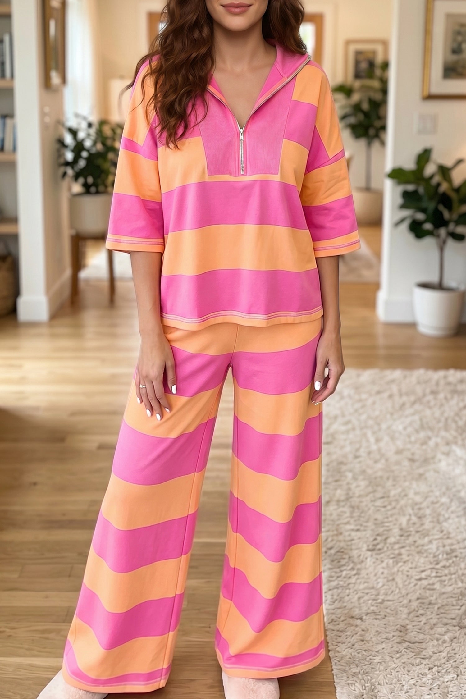 Orange Stripe Colorblock Half Sleeve Top Casual Loose Pants 2pcs Set