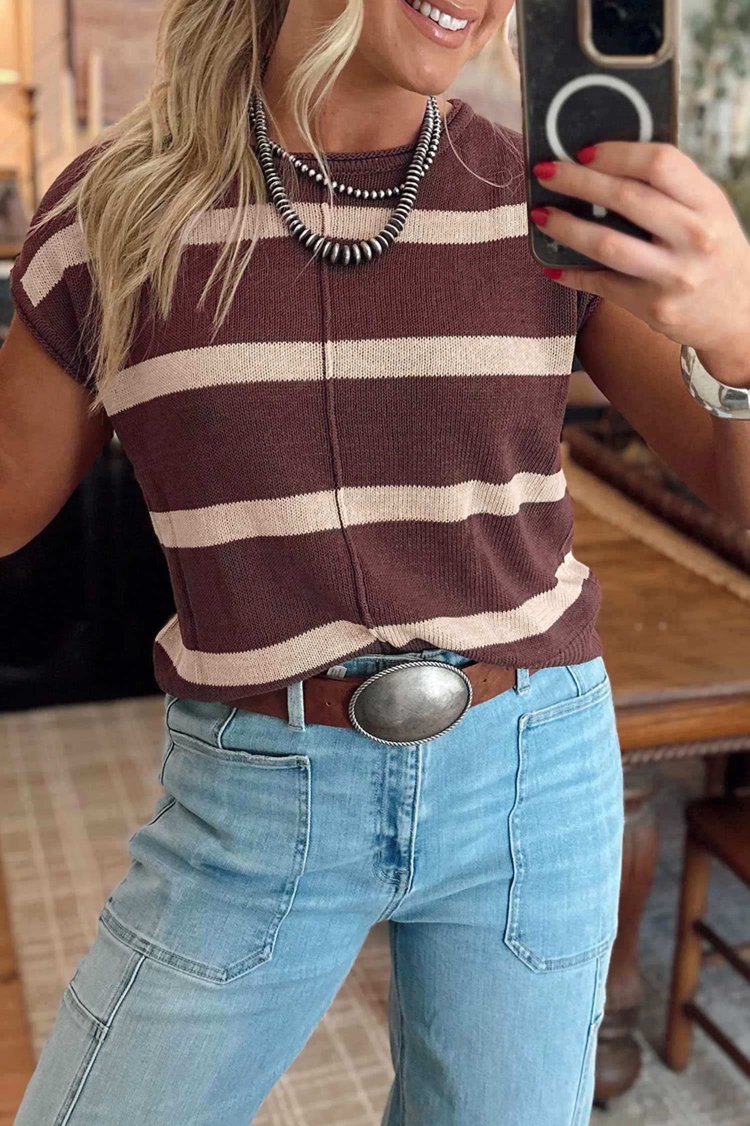 Brown Stripe Knit Western Short Sleeve Sweater