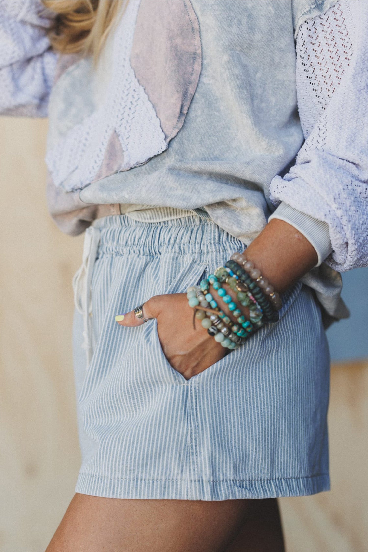 Pink Stripe Drawstring Elastic Waist Casual Denim Shorts