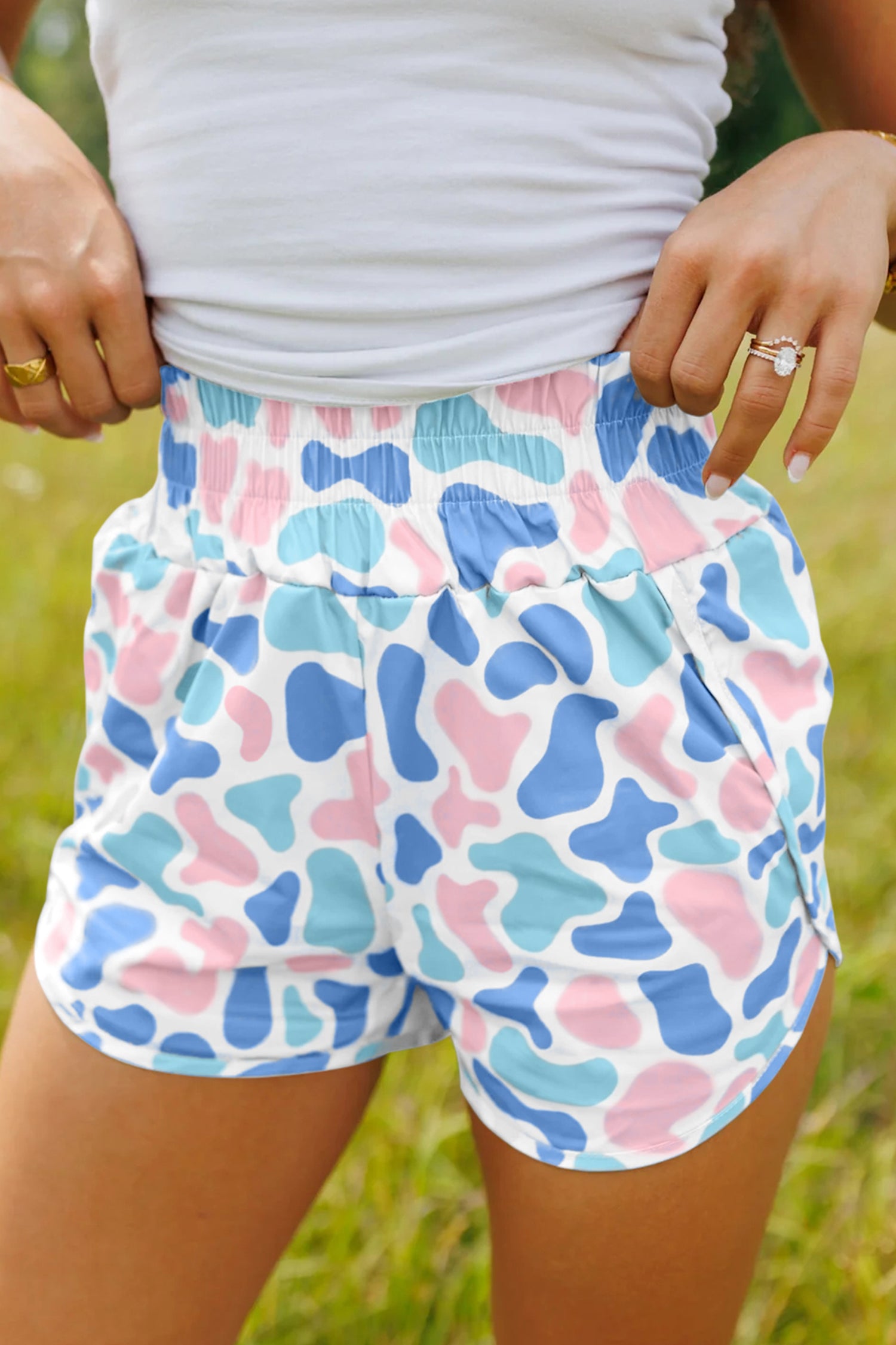 Green Camouflage Print Shirred High Waist Athleisure Shorts