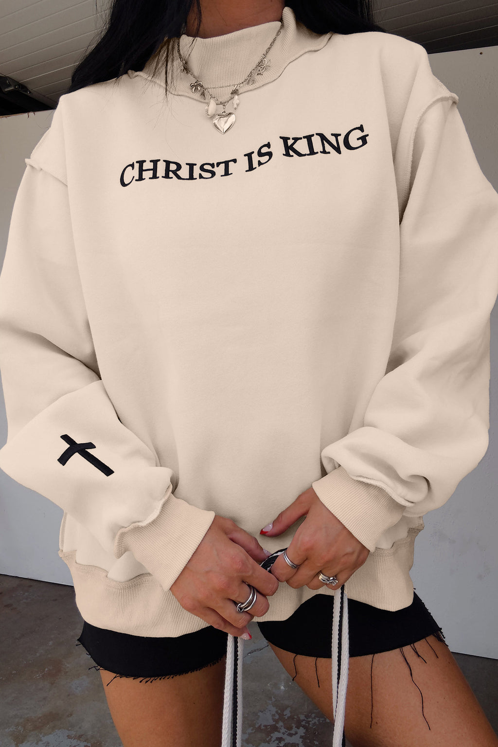 Beige CHRIST IS KING Embroidery High Neck Baggy Sweatshirt