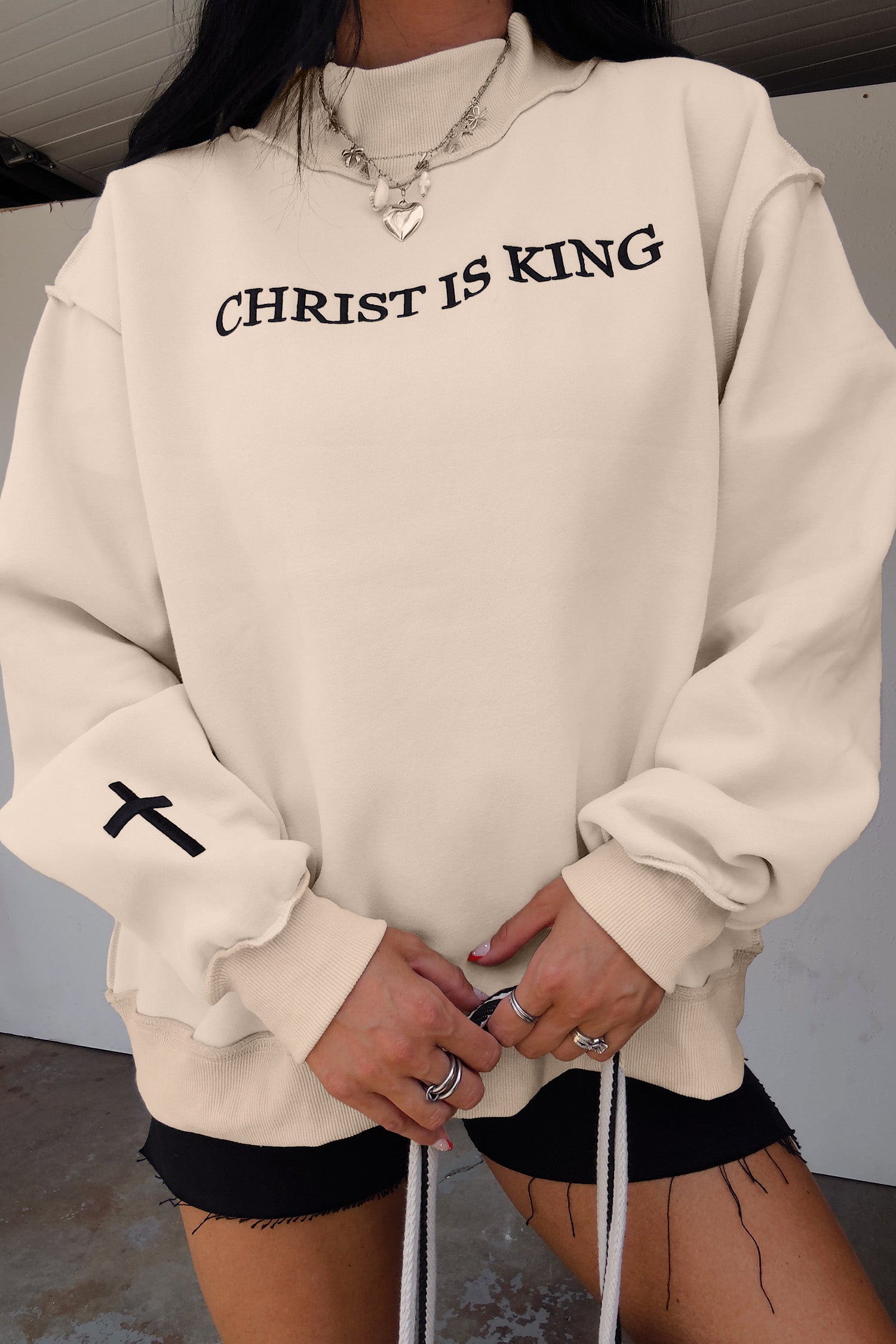 Beige CHRIST IS KING Embroidery High Neck Baggy Sweatshirt