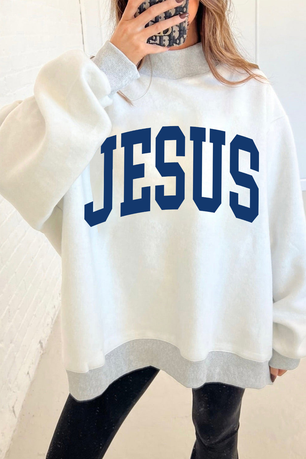 Light Grey FAITH/ JESUS Double Side Letter Print Casual High Neck Sweatshirt
