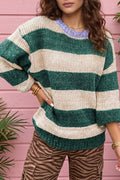 Green Stripe Striped Colorblock Drop Shoulder Pullover Sweater