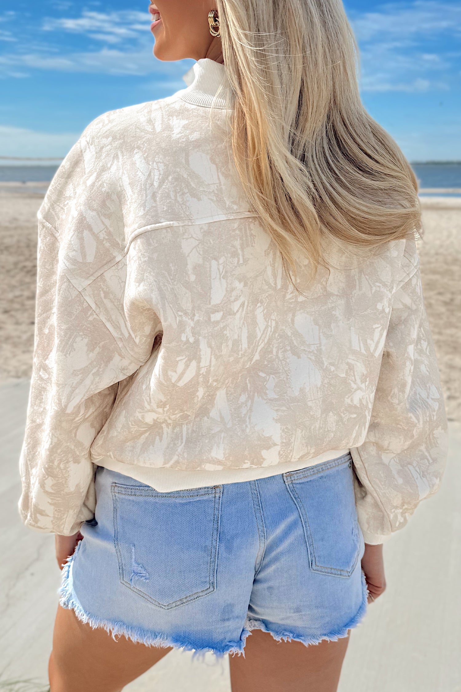 Khaki Camouflage Print Quarter-Zip Drop Shoulder Long Sleeve Sweatshirt