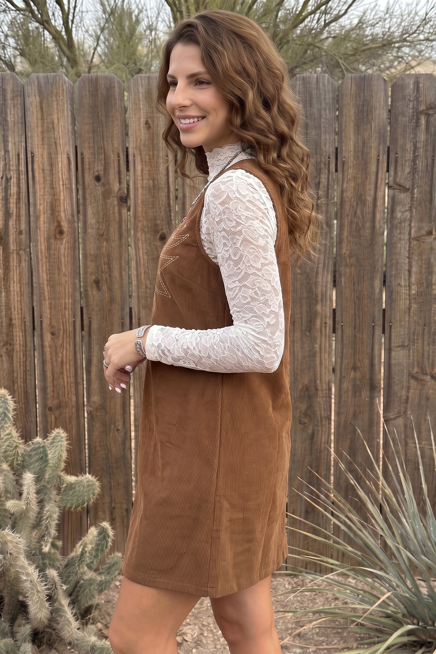 Coffee Geometric Embroidery Sleeveless Corduroy Shift Dress
