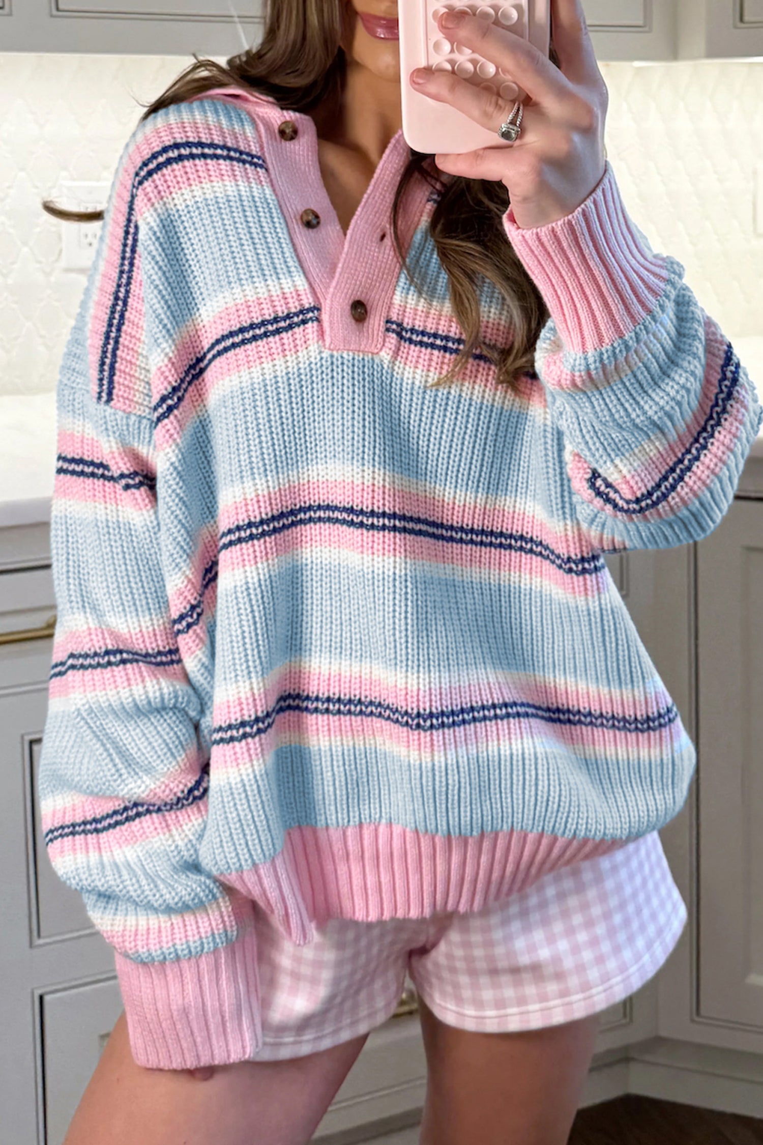 Sky Blue Stripe Striped Button Collar Long Sleeve Shift Fit Winter Knitwear Sweater