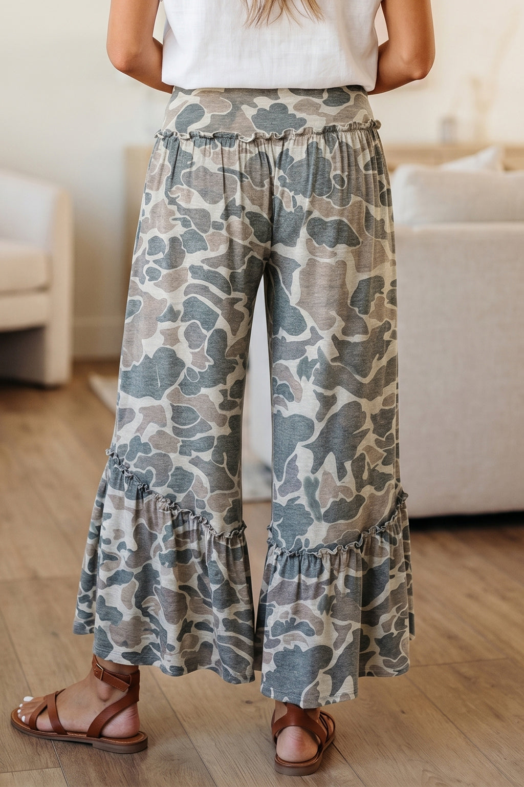 Beige Camo Print Wide Leg Casual Pants
