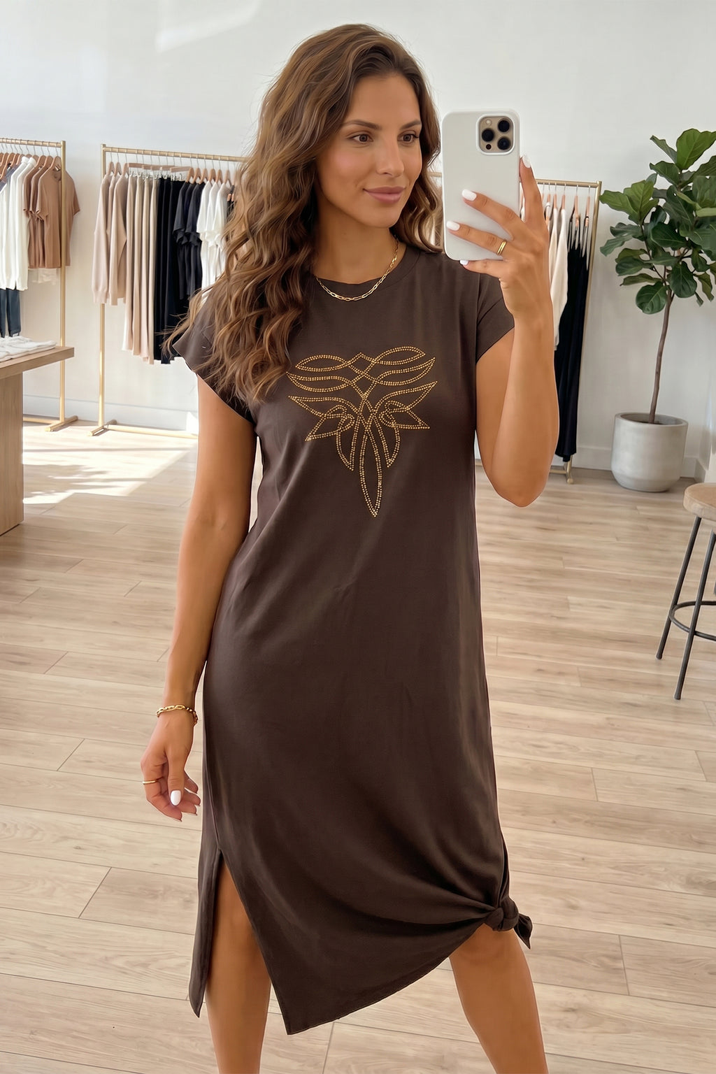 Red Sandalwood Rhinestone Western Graphic Side Slit Midi T-Shirt Dress