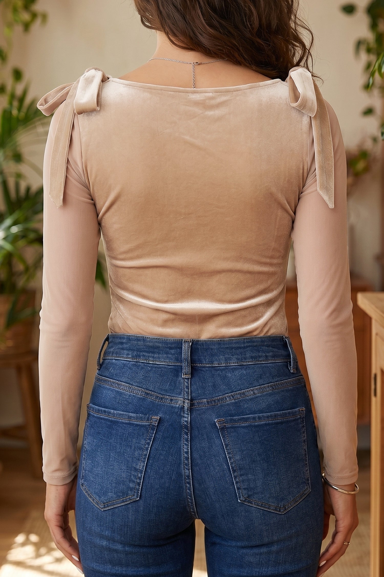 Light French Beige Solid Color Velvet Knot Square Neck Sheer Long Sleeve Bodysuit