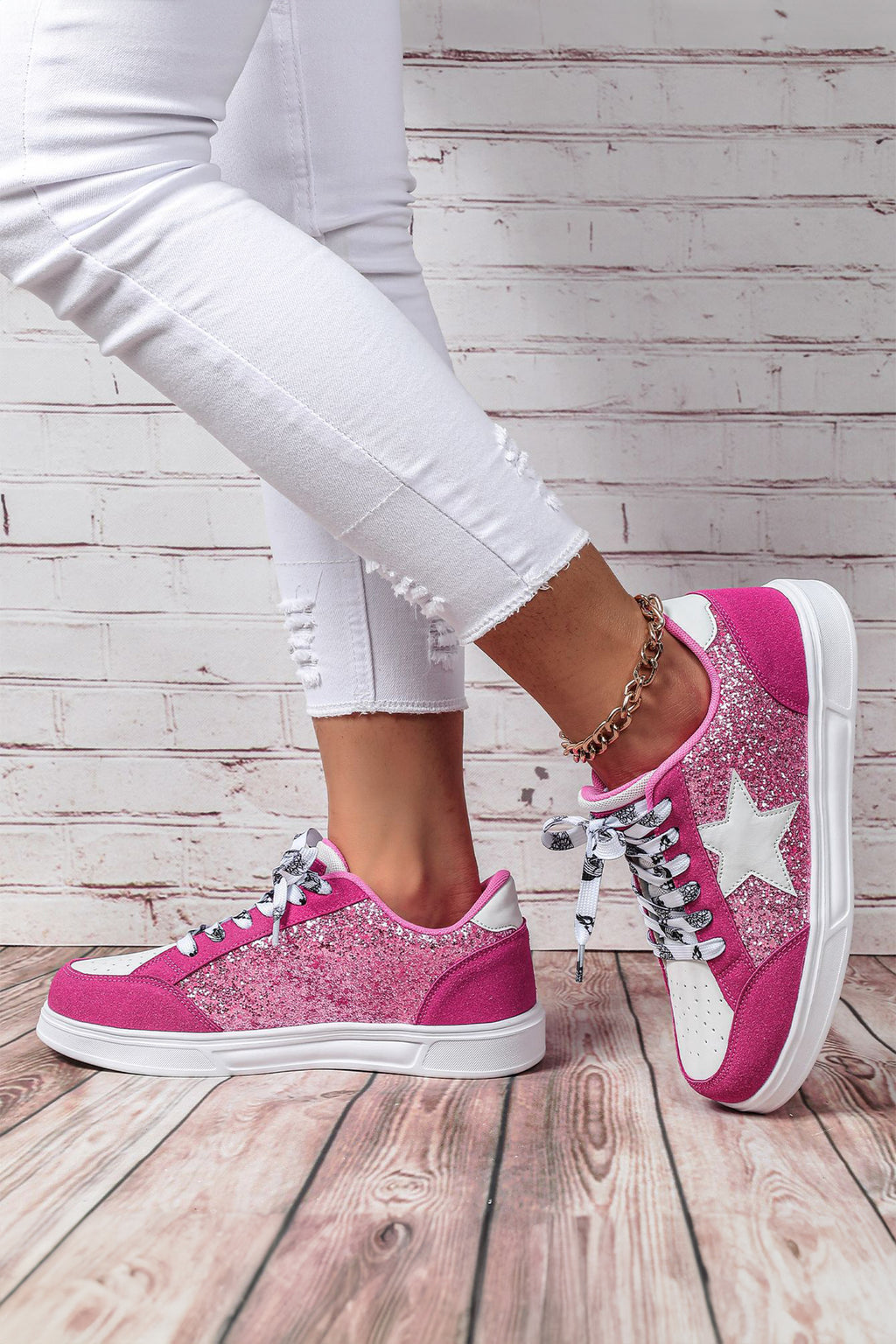 Black Stylish Color Block Glitter Star Patchwork Lace-up Flat Shoes