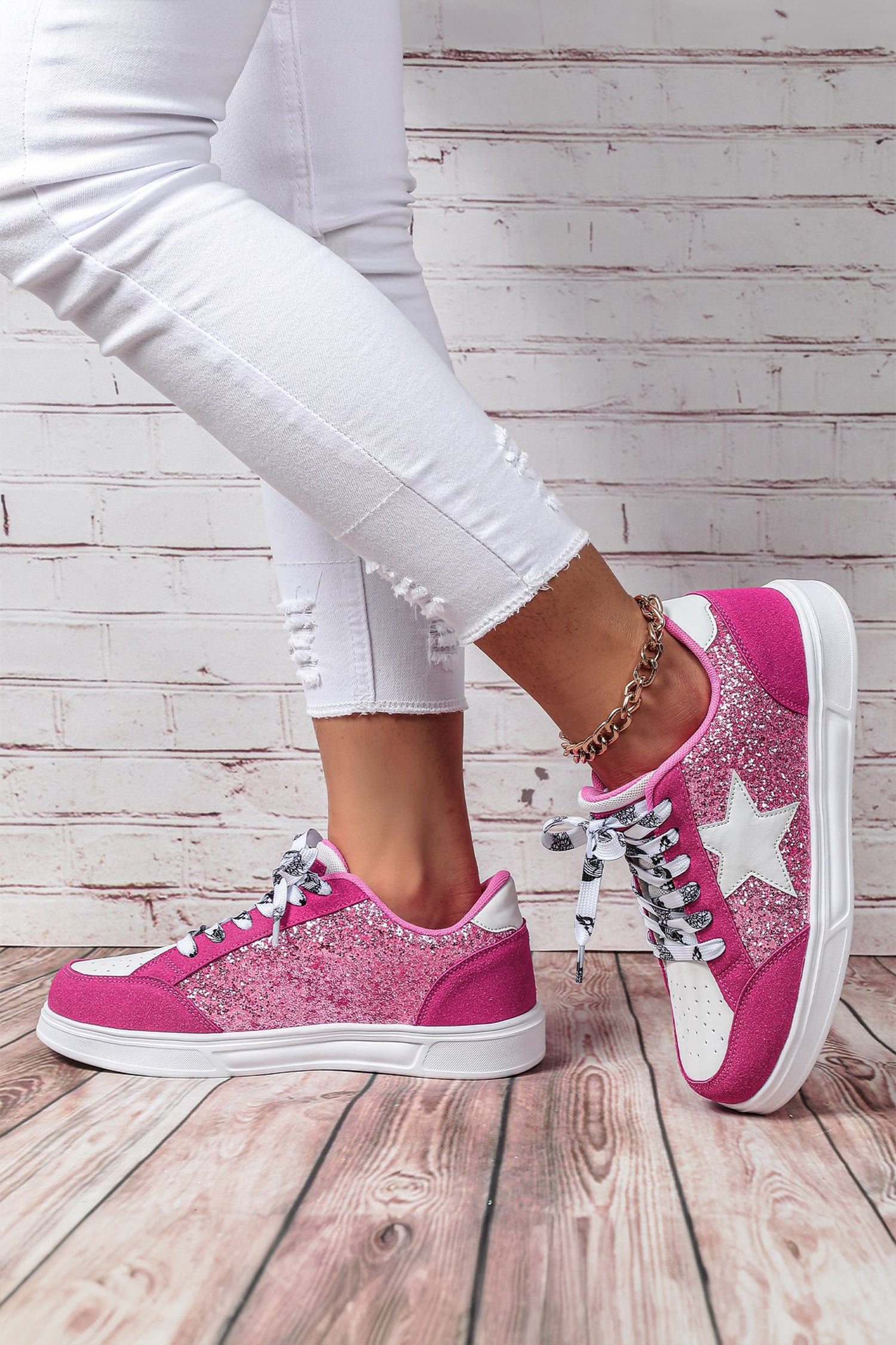 Black Stylish Color Block Glitter Star Patchwork Lace-up Flat Shoes