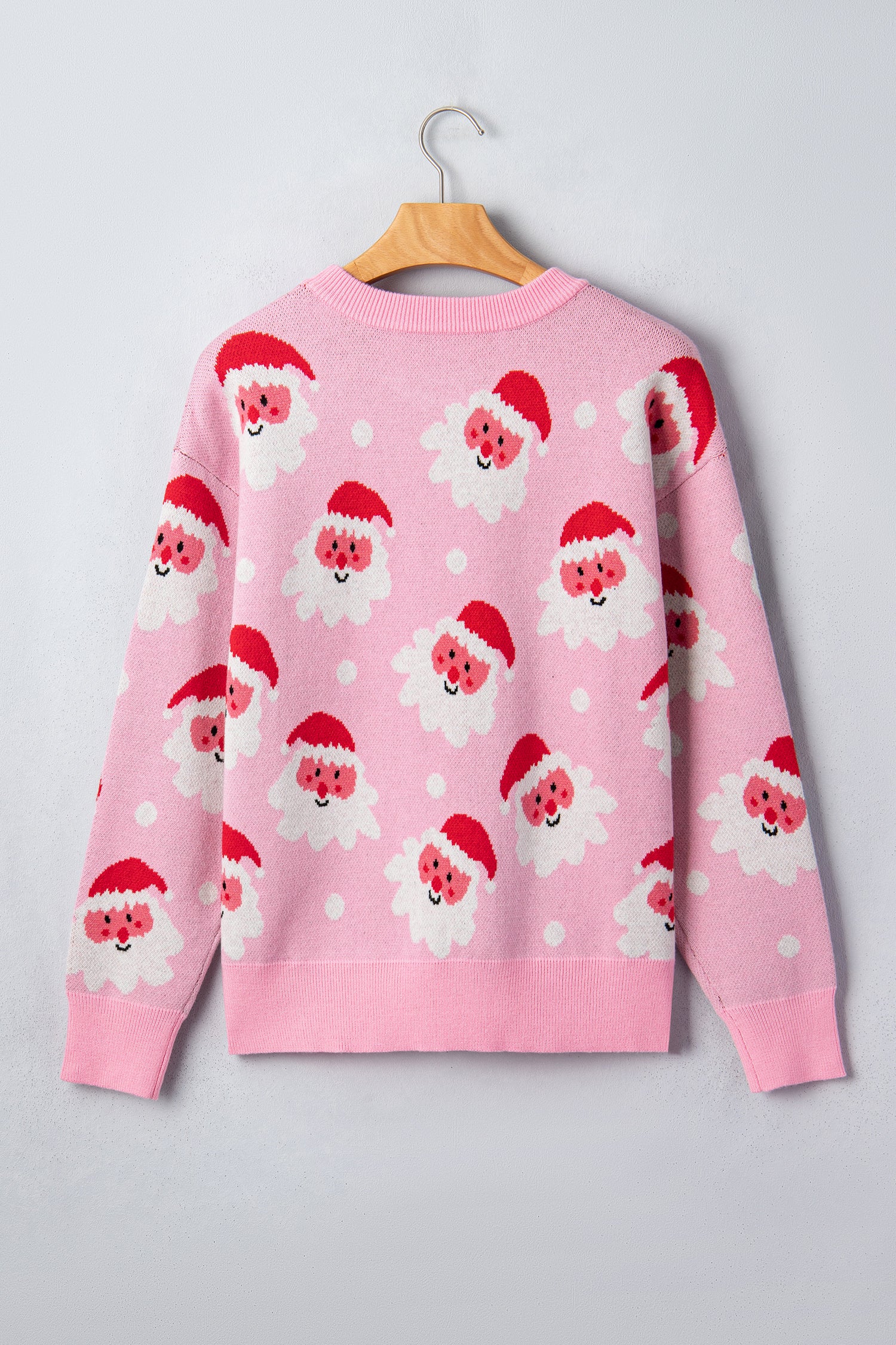 Pink Cartoon Santa Pattern Round Neck Dropped Shoulder Sweater