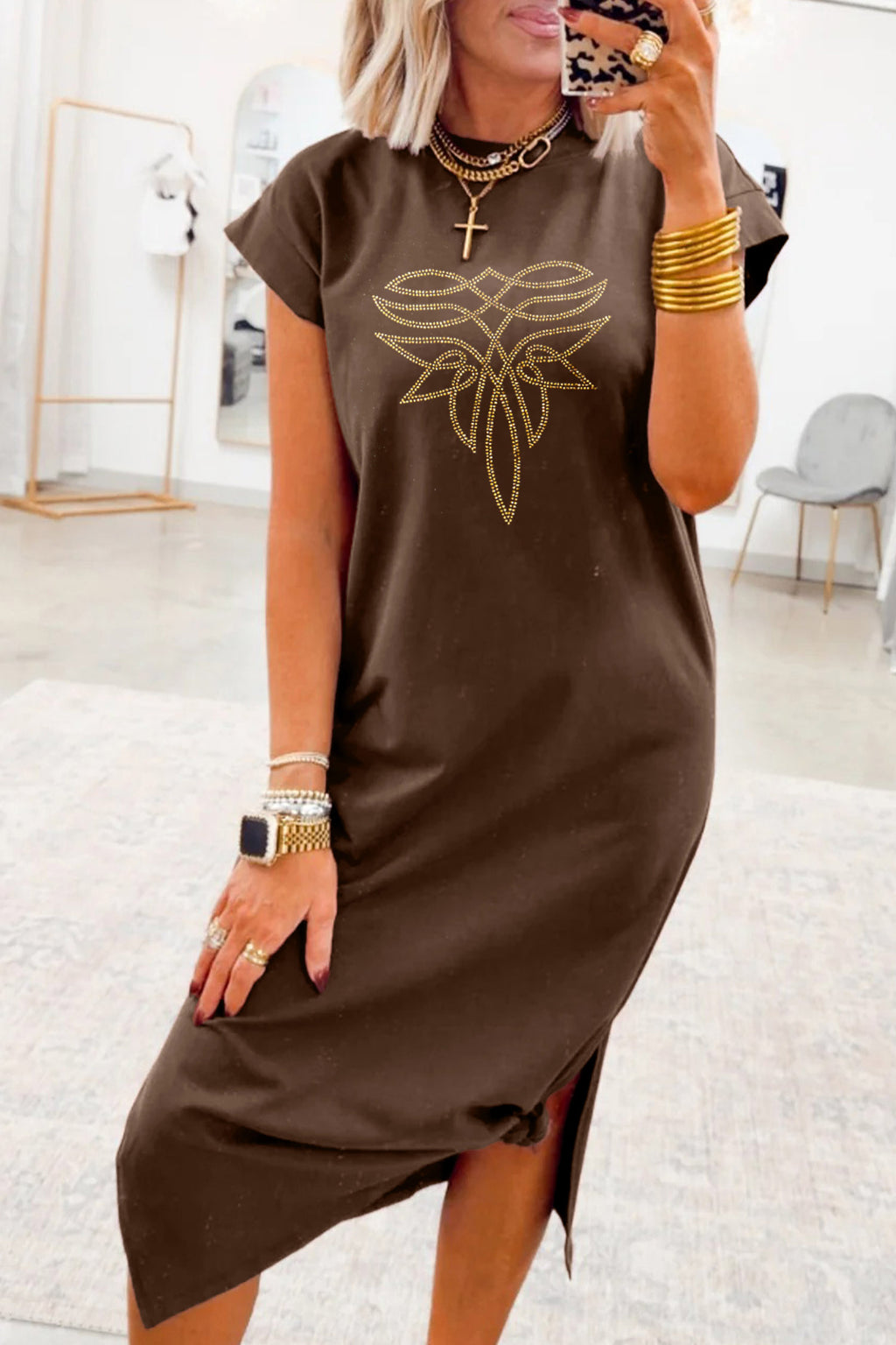 Red Sandalwood Rhinestone Western Graphic Side Slit Midi T-Shirt Dress