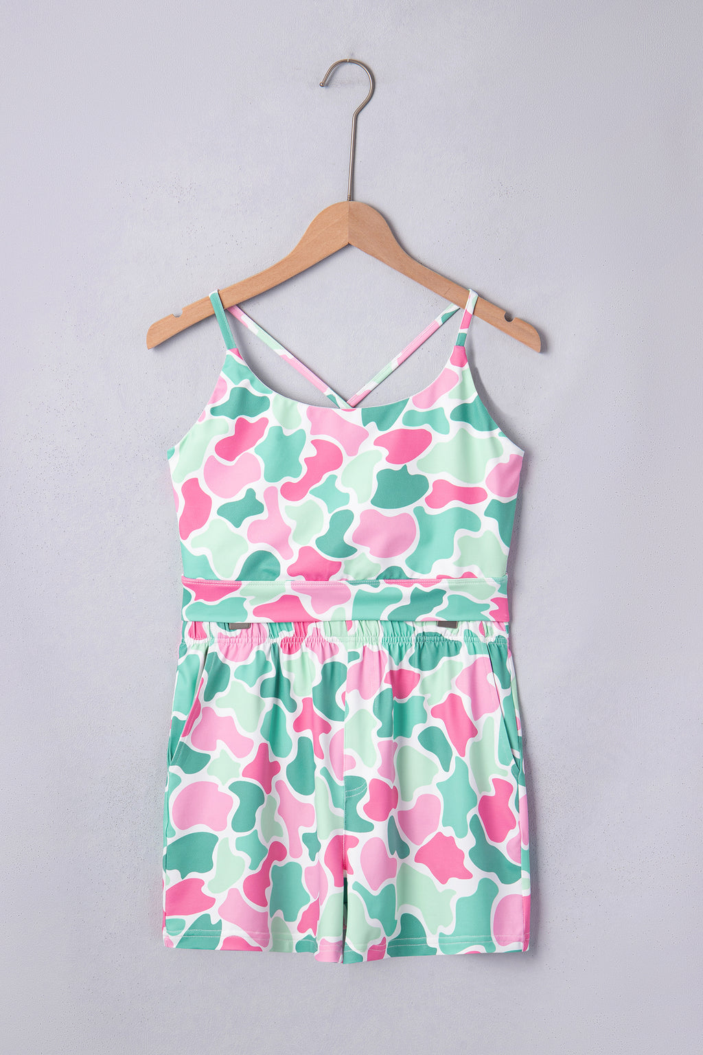 Green Camouflage Printed Cropped Tank Athleisure 2pcs Short Set