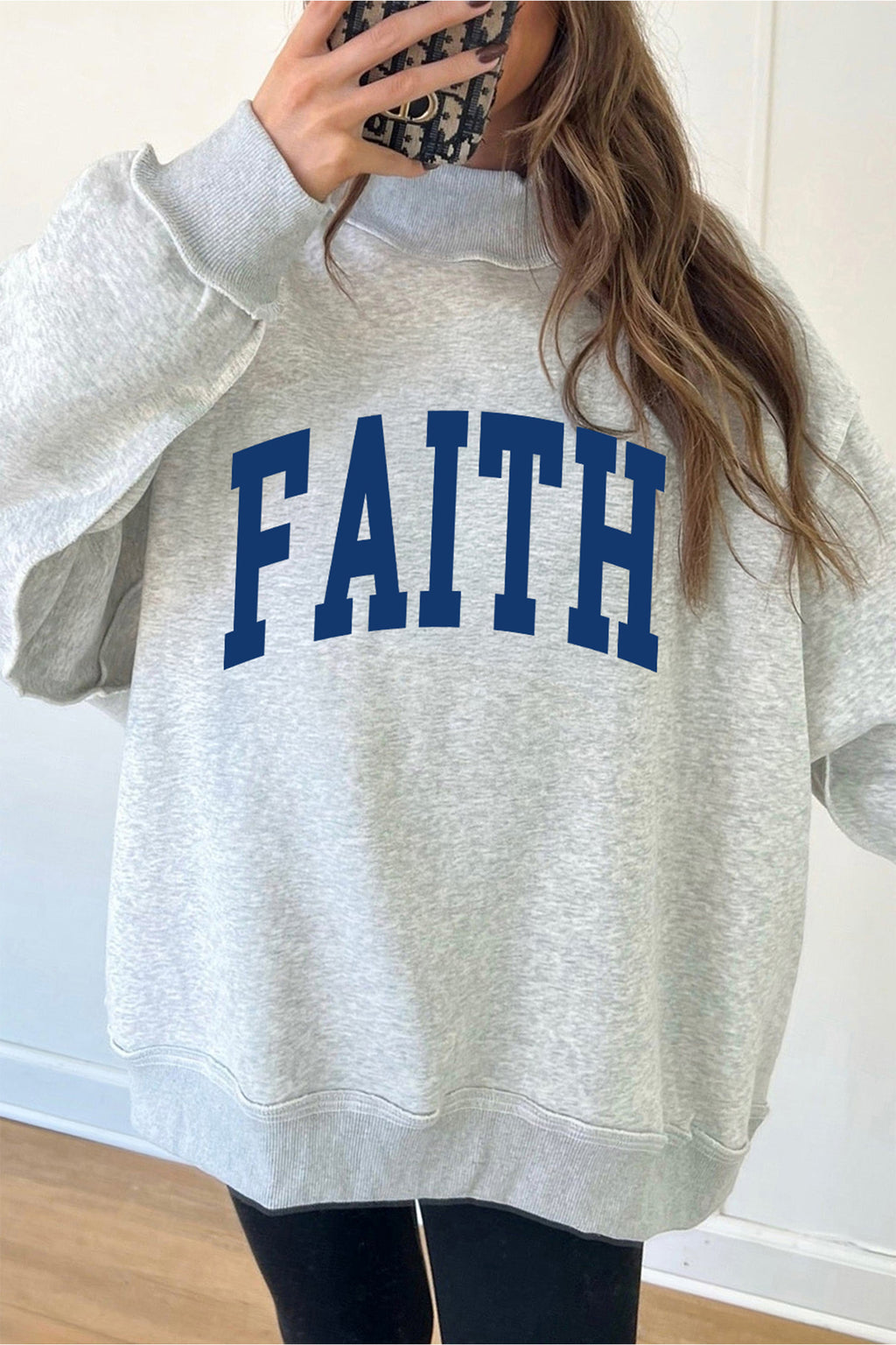 Light Grey FAITH/ JESUS Double Side Letter Print Casual High Neck Sweatshirt