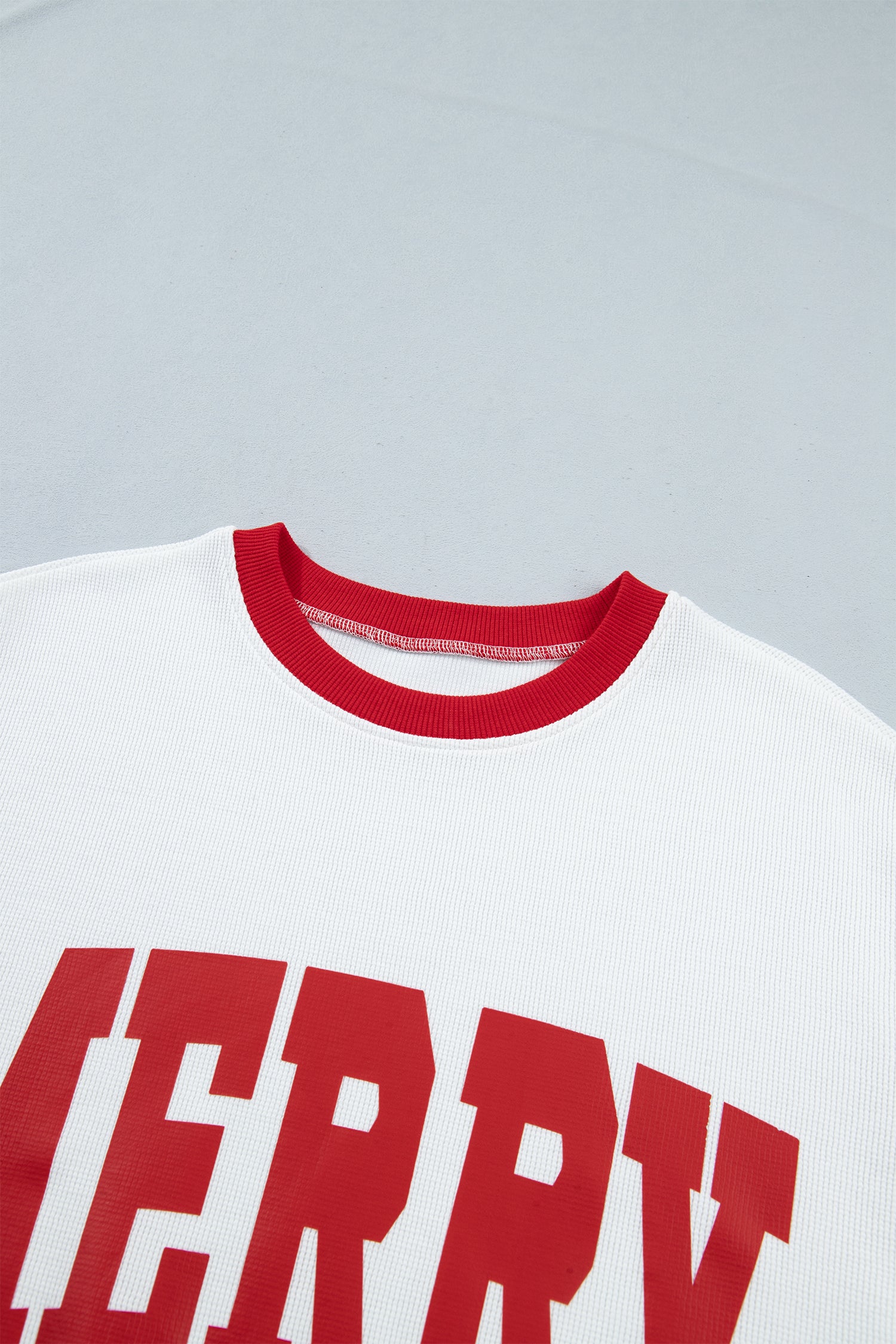 Beige Color Block Trim Merry Slogan Pullover Sweatshirt