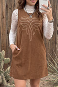 Coffee Geometric Embroidery Sleeveless Corduroy Shift Dress