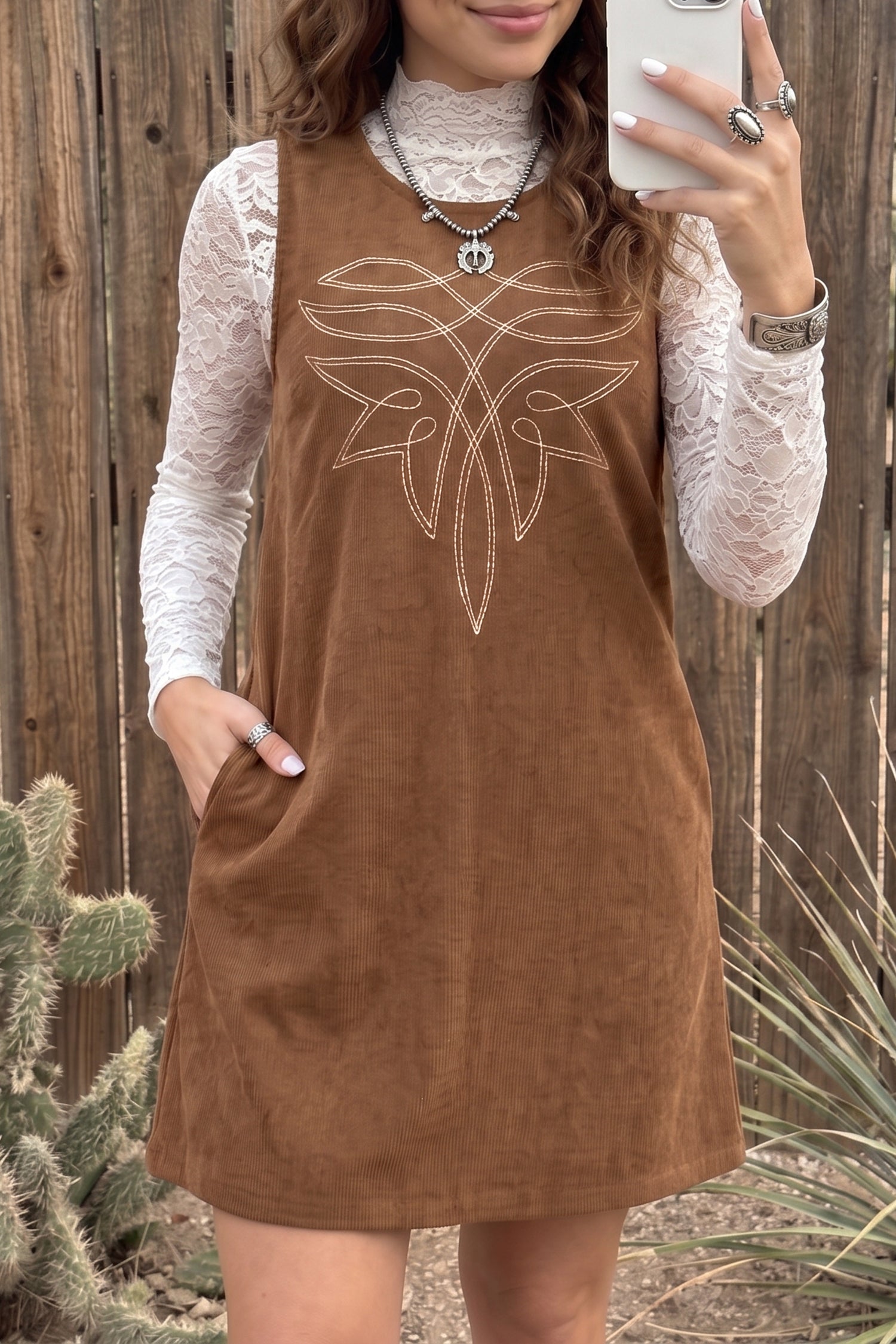 Coffee Geometric Embroidery Sleeveless Corduroy Shift Dress