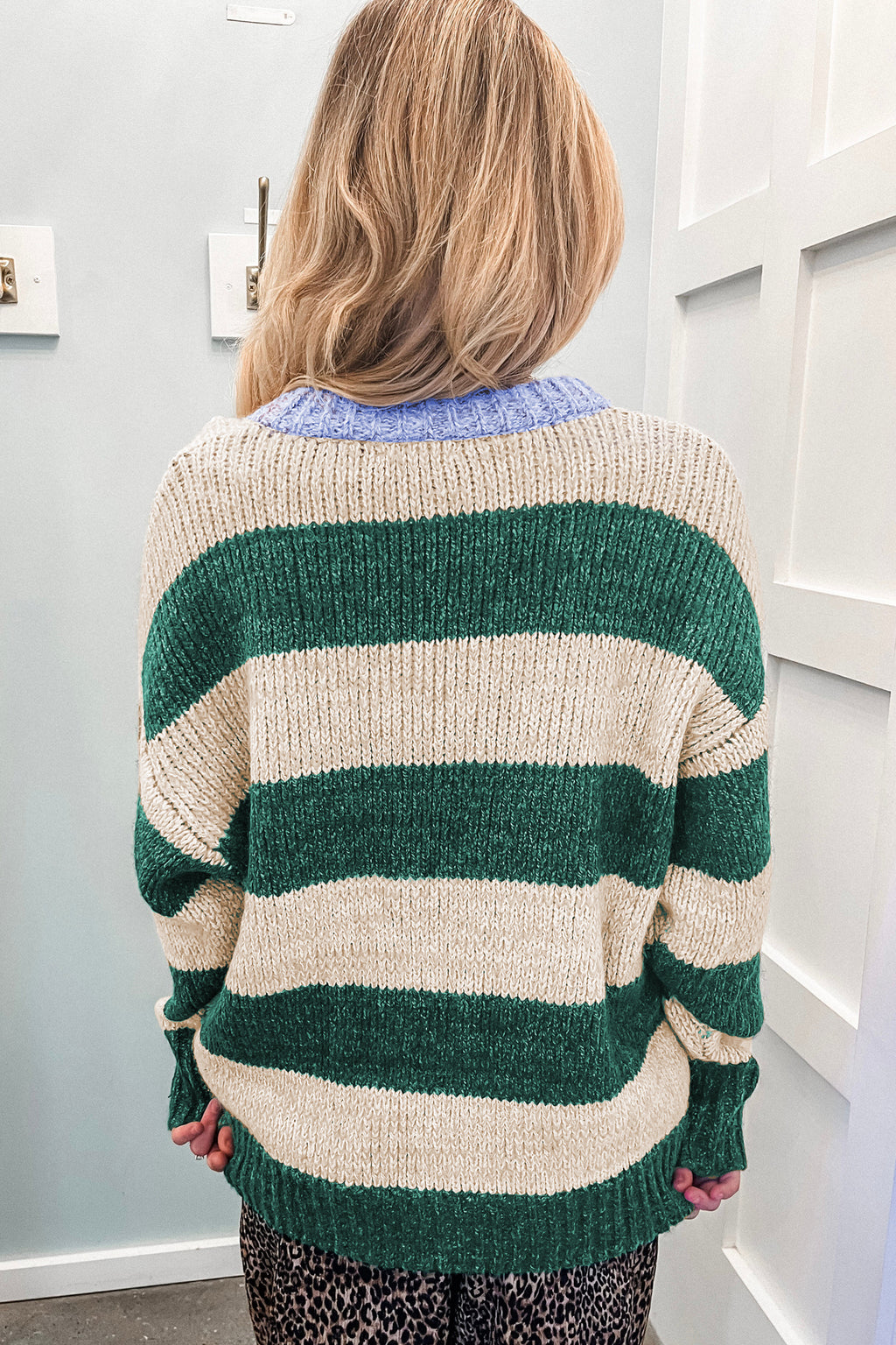 Green Stripe Striped Colorblock Drop Shoulder Pullover Sweater