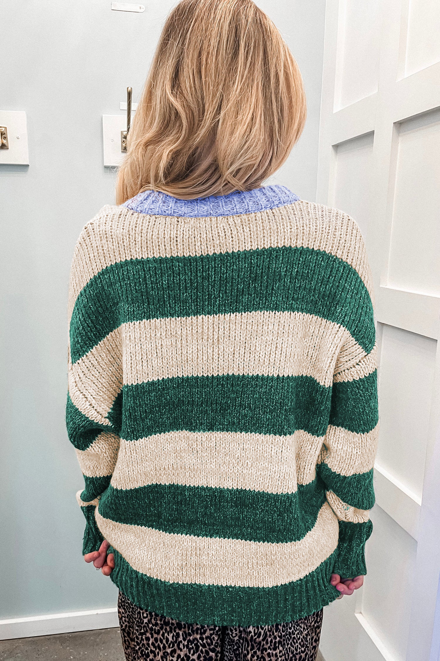 Green Stripe Striped Colorblock Drop Shoulder Pullover Sweater
